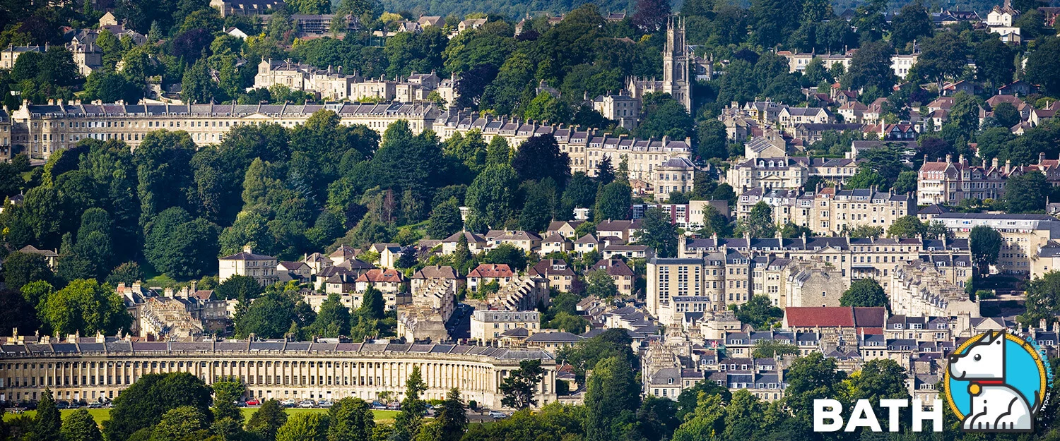 Panorama of the Bath city surrounded by greenery under the sunlight in England